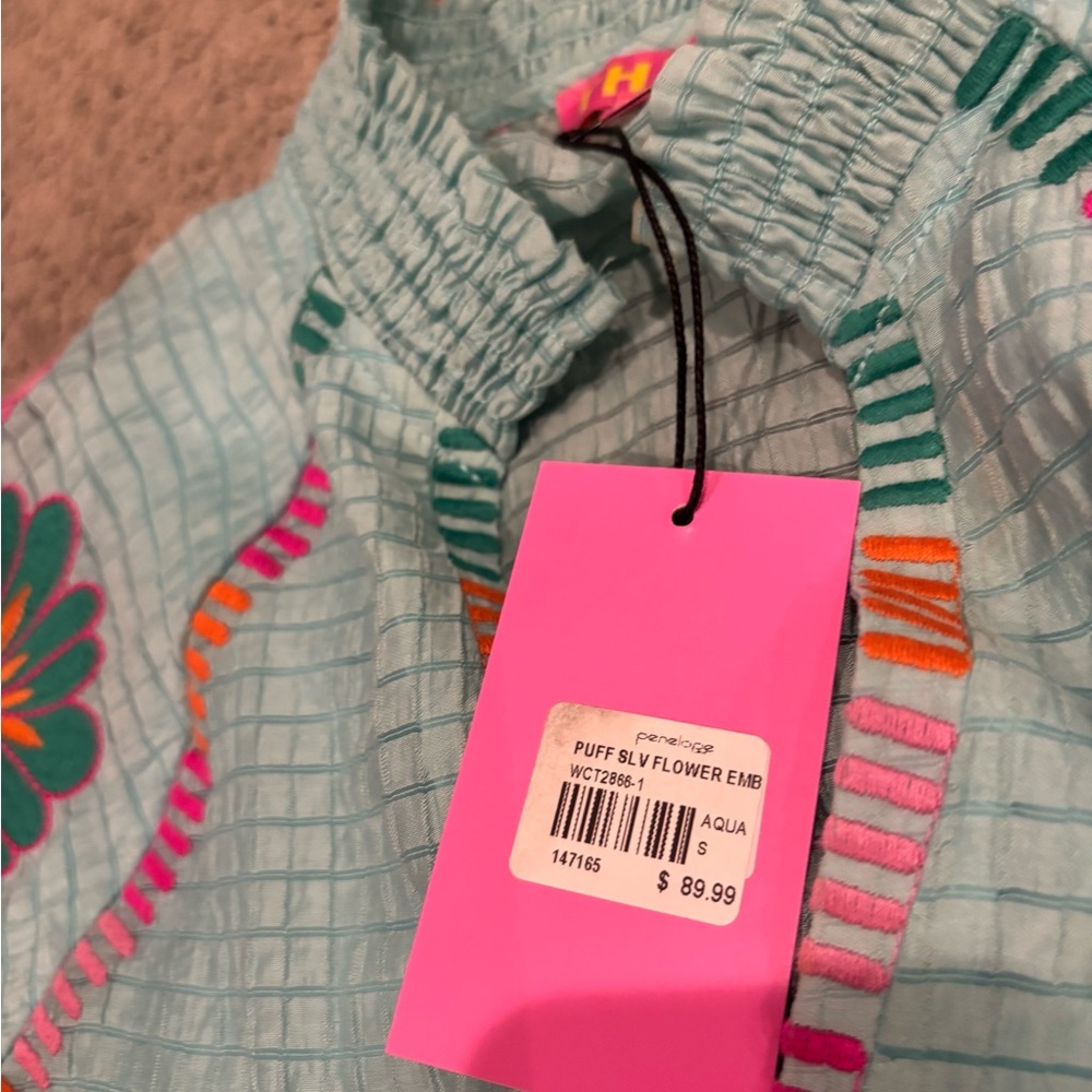 THML Aqua Peasant Top with Pink & Orange Floral Sleeves - Picture 6 of 8